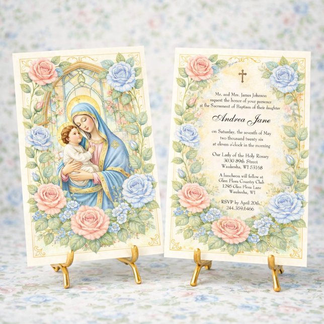 Convite Baptism Floral Jesus Blessed Mother Roses (Criador carregado)