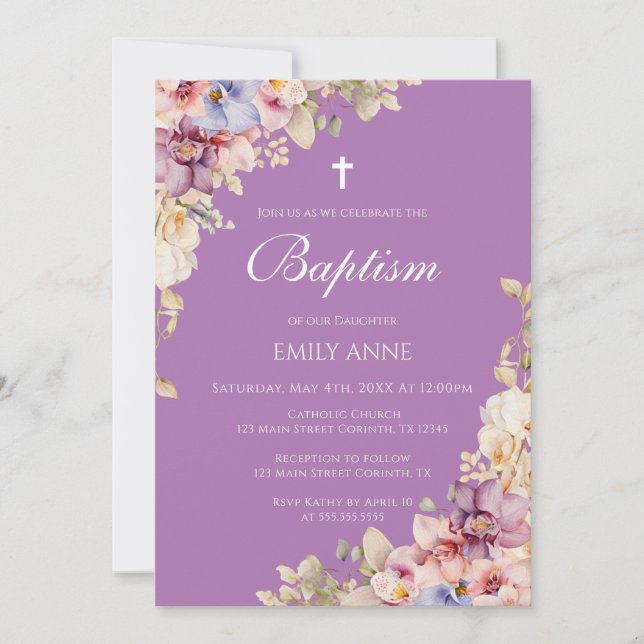 Convite Baptism Floral Orchids purple Invitation (Frente)