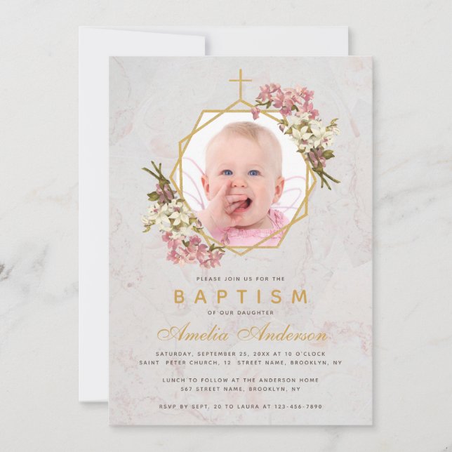 Convite Baptism Girl Foto Floral Dourada Orquídeas Rosa Ma (Frente)