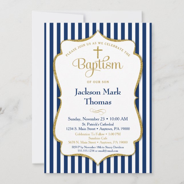 Convite Baptism Invitation Boys Marinho Azul Dourado Elega (Frente)
