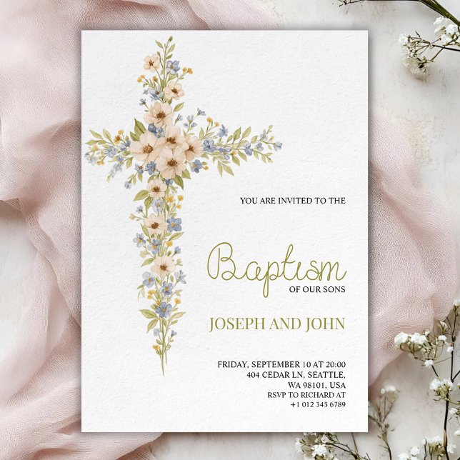 Convite Baptism invitation card featuring a floral cross  (Criador carregado)