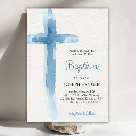 Convite Baptism invitation card featuring blue cross