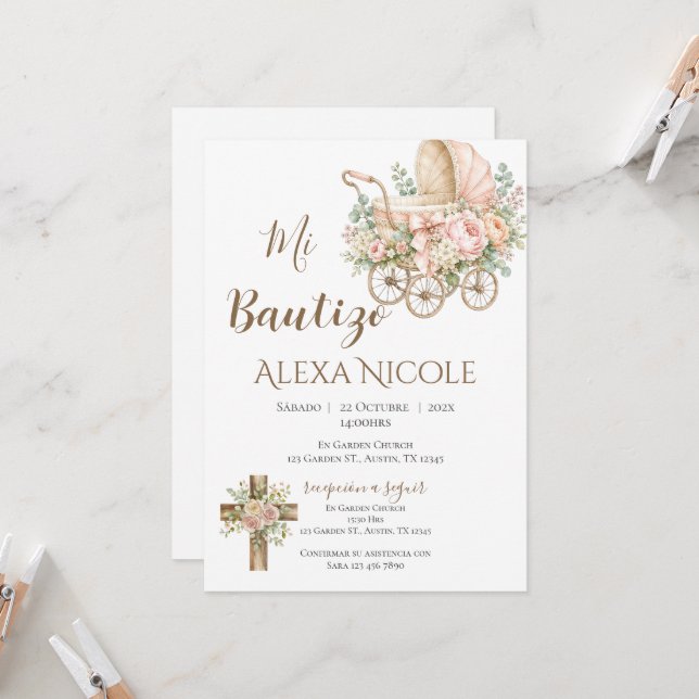 Convite Baptism Invitation in Spanish Boho (Frente/Verso In Situ)