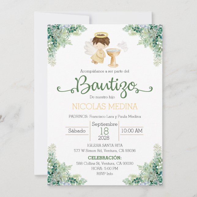Convite Baptism Invitation Spanish boy greenery  (Frente)