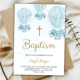 Convite Baptism invitation with blue hot air balloon