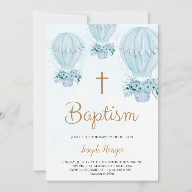 Convite Baptism invitation with blue hot air balloon  (Frente)