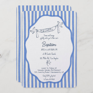 Convite Baptism invitation with doves blue pinstripes