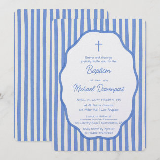 Convite Baptism invitation with fancy blue pinstripes