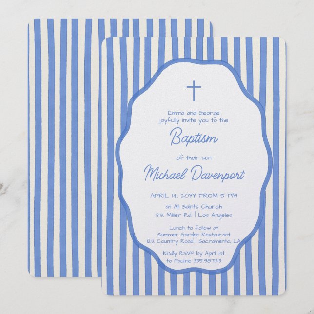 Convite Baptism invitation with fancy blue pinstripes (Frente/Verso)