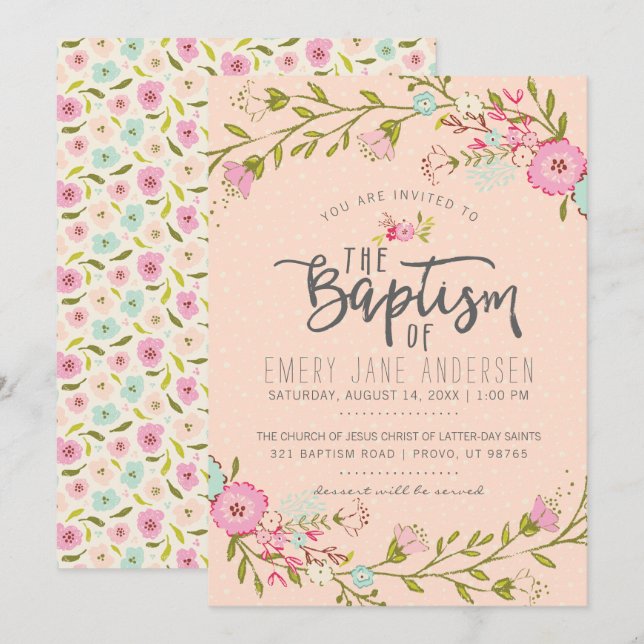 CONVITE BAPTISM LDS | Menina Floral Rosa Elegante (Frente/Verso)