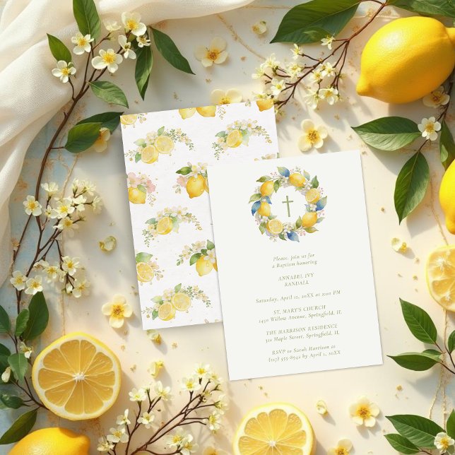 Convite Baptism Mediterranean Wreath with Floral and Lemon (Baptism Mediterranean Wreath with Floral and Lemons Invitation Card Design. )