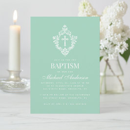 Convite Baptism Mint Green Elegant Vintage Cross in Crest 