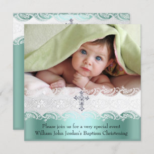 Convite Baptism Mint Green Lace Foto Jewel Cross Boy