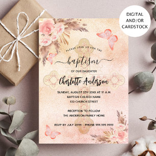 Convite Baptism pampas relva borboleta borboleta floral