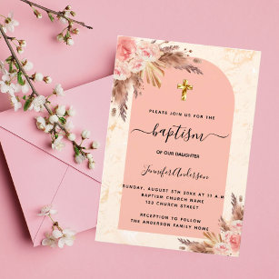 Convite Baptism pampas rosa dourada menina mármore