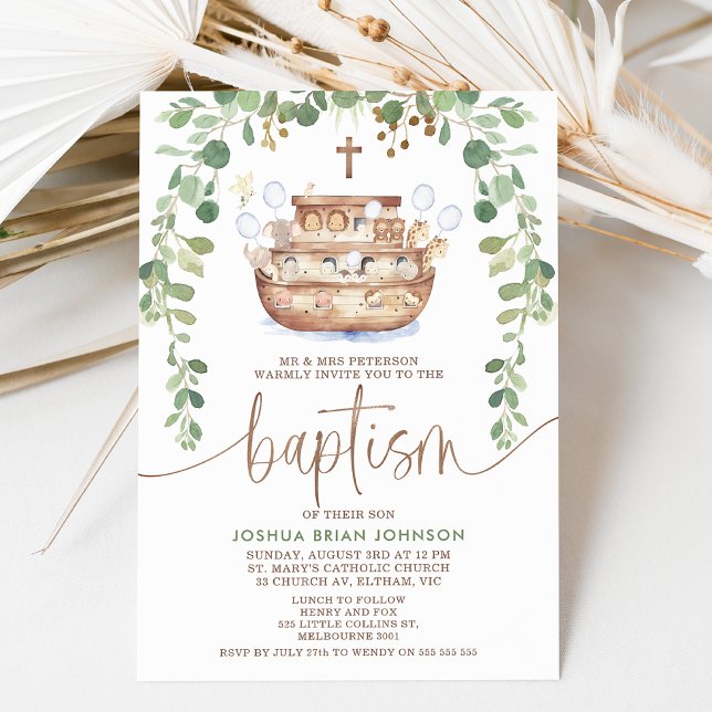 Convite Baptism para Meninos de Arca de Noah (Modern Noah's ark and foliage baptism invitation for a baby boy featuring a cute ark illustration.)