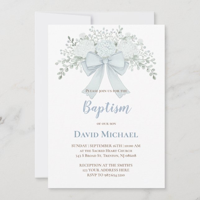 Convite Baptism pastel blue floral bow (Frente)