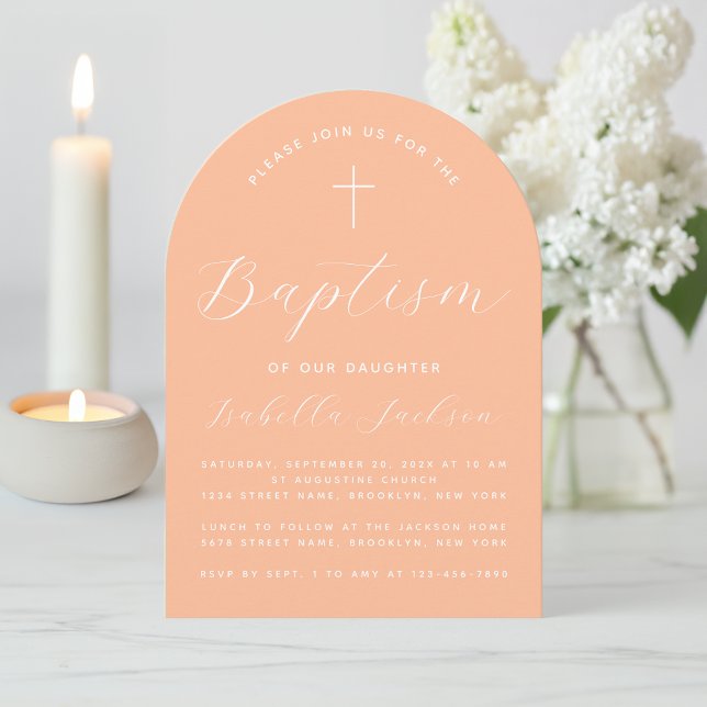 Convite Baptism Peach Arch Modern Script Girl Christening (Criador carregado)