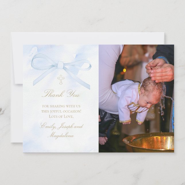 Convite Baptism photo watercolor blue bow thank you card (Frente)