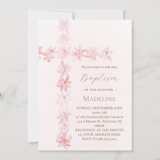 Convite Baptism pink floral cross  (Frente)