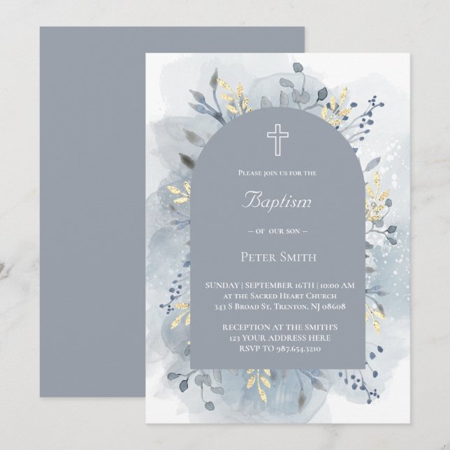 Convite Baptism watercolor foliage  (Frente/Verso)