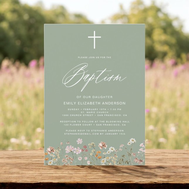 Convite Baptism Wildflower Sage Green Script (Criador carregado)