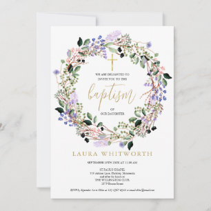 Convite Baptismo Cristão Grinalda Floral Lavanda