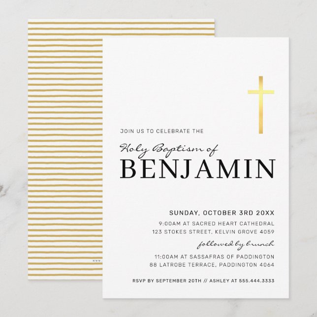 Convite Baptismo CRUZ mínimo dourado preto preto (Frente/Verso)