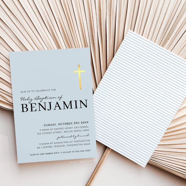 Convite Baptismo CRUZADO mínimo folha de ouro azul-bebê (Criador carregado)