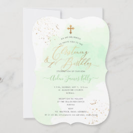 Convite Baptismo de Aguarela Verde Menta + 1º Aniversário