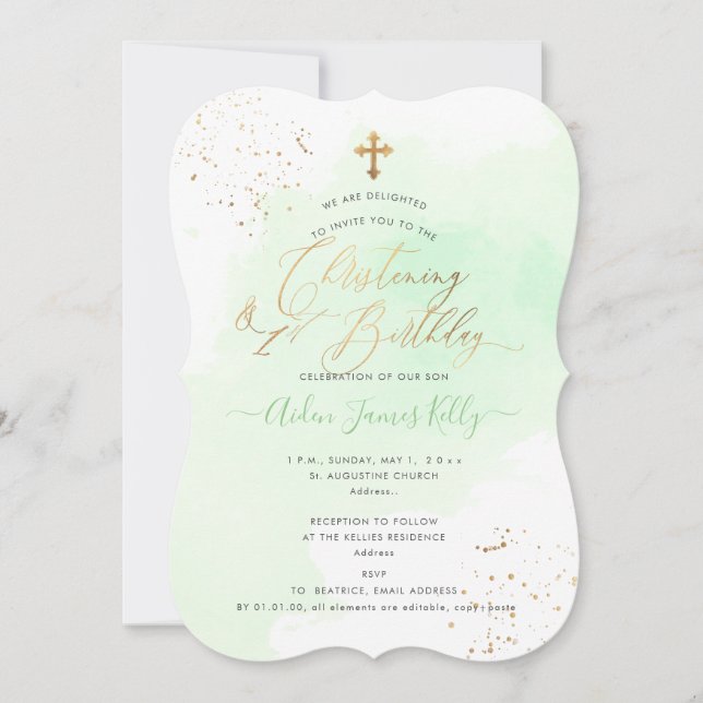Convite Baptismo de Aguarela Verde Menta + 1º Aniversário (Frente)
