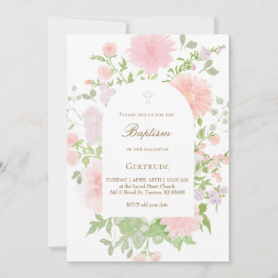 Convite baptismo de flores grandes rosa aquarela