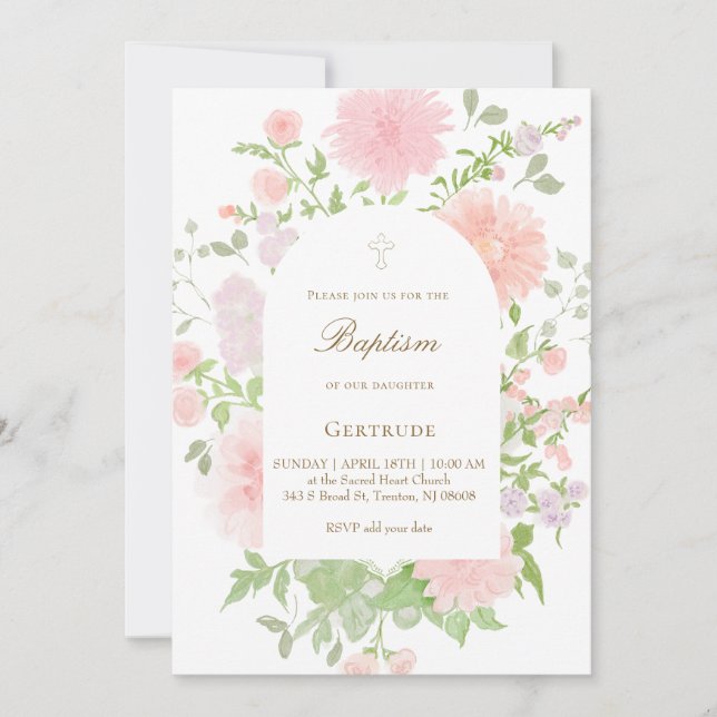 Convite baptismo de flores grandes rosa aquarela (Frente)