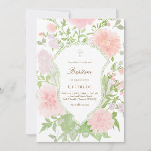 Convite baptismo de flores grandes rosa e lilás aquarela