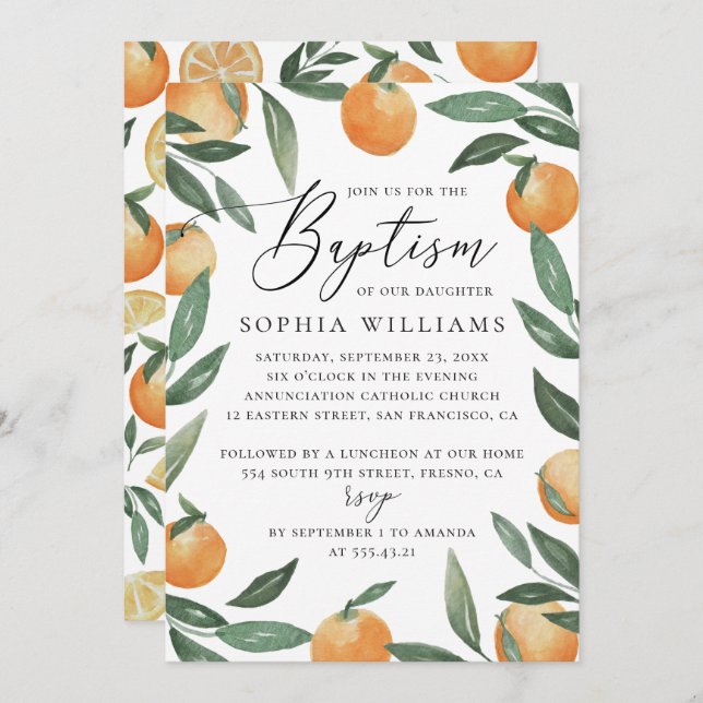 Convite Baptismo do jardim floral dos citrinos aquíferos (Frente/Verso)