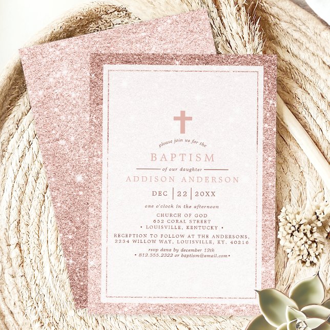 Convite Baptismo Elegante com Brilho Rosa e Cruz (Criador carregado)