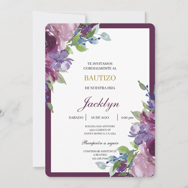 Convite Baptismo floral burgundy (Frente)