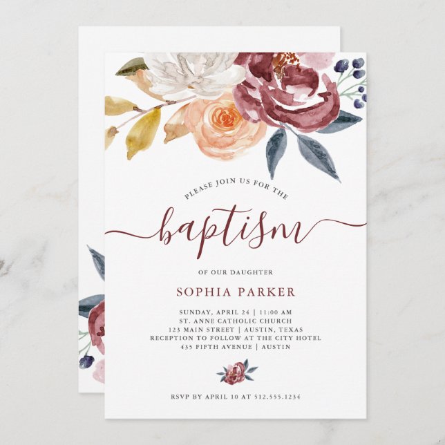 Convite Baptismo floral da aguarela | de Borgonha (Frente/Verso)