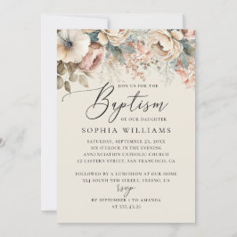 Convite Baptismo floral de guião floral aquoso elegante