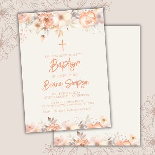 Convite Baptismo Floral Flores Bege Marfim Pêssego