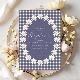 Convite Baptismo Floral Xadrez Azul Marinho Moderno