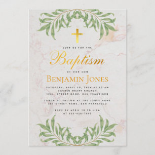 Convite Baptismo Foliage Faux Dourado Marble