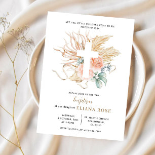 Convite Baptismo Grama das Pampas Rosa Boho Cruz