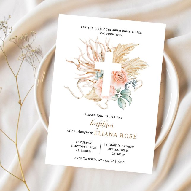 Convite Baptismo Grama das Pampas Rosa Boho Cruz (Criador carregado)
