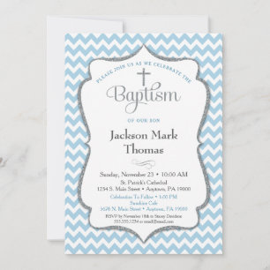 Convite Baptismo Invitation Boys Blue Cinza Chevron Elegon
