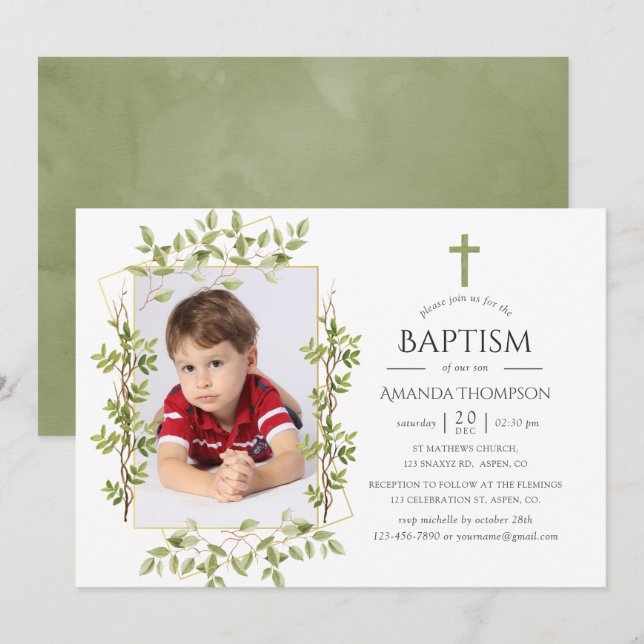 Convite Baptismo ou Batizado Geométrico Verde (Frente/Verso)