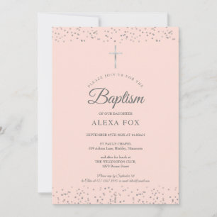 Convite Baptismo Pó de Estrelas Prateado Batizado Rosa Beg