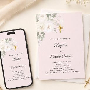 Convite Baptismo rosa flores brancas menina