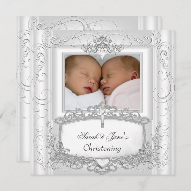 Convite Baptizado Batismo de Gêmeas Menina ou Menino Branc (Frente/Verso)