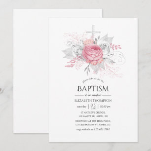 Convite Baptizado Floral Prateado e Rosa Iridescente